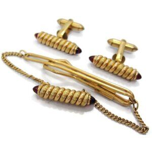 Correct Quality Rolled Gold Plate Cufflinks Set Tie Bar Spiral Red Glass Ends